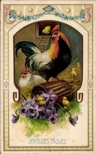 Ak Glückwunsch Ostern, Hahn, Huhn, Küken, Veilchen