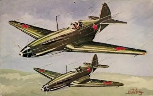 Künstler Ak Louis Petit, Russische Militärflugzeuge, MIG 3, Jagdflugzeuge, Sowjetunion, UdSSR