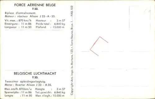 Ak Belgisches Kampfflugzeug, Force Aérienne Belge, T 33, Alison J 33 A 35, FT-36