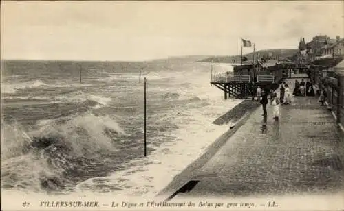 Ak Villers sur Mer Calvados, Digue et Etablissement des Bains par gros temps