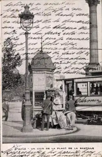 Ak Paris IV, Place de la Bastille, Julisäule, Straßenbahn