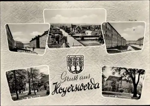 Ak Hoyerswerda in der Oberlausitz, Schulstraße, Steinstraße, Platz des Friedens, Schloss, Wappen