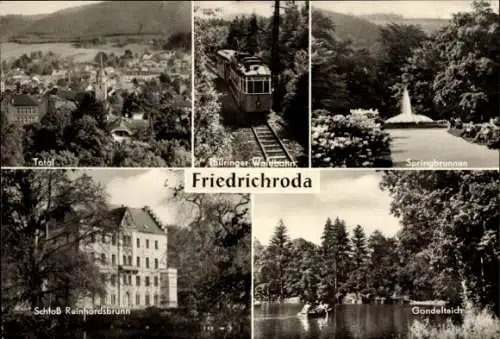 Ak Friedrichroda im Thüringer Wald, Totalansicht, Thüringer Waldbahn, Springbrunnen, Gondelteich
