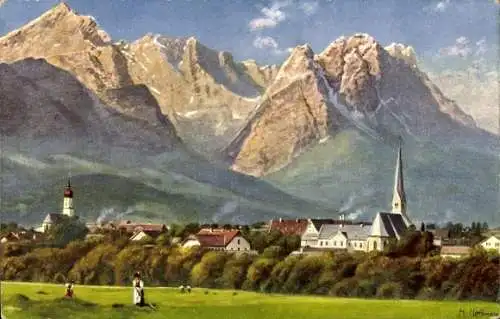 Künstler Ak Hofmann, H., Garmisch Partenkirchen in Oberbayern, Wettersteingebirge, Waxenstein