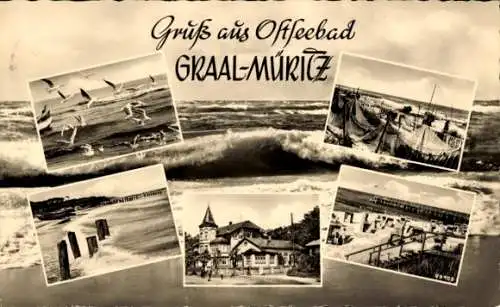 Ak Ostseebad Graal Müritz, Möwen, Fischernetze, Strand, Brandung, Gebäude