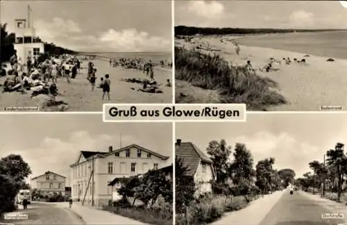 Ak Glowe auf Rügen, Kinderbadestrand, Strandhotel, Dorfstraße