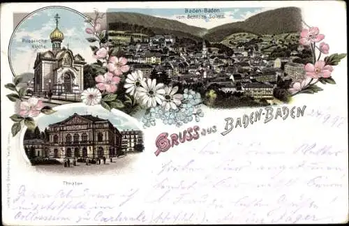 Litho Baden Baden am Schwarzwald, Russische Kirche, Blick vom Schloss Solms, Theater