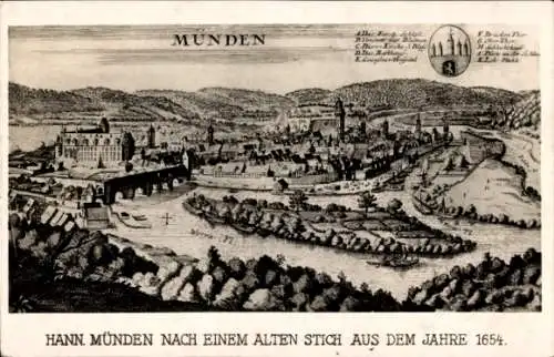 Ak Hann. Münden in Niedersachsen, historische Ansicht 1654