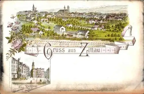 Litho Zittau in Sachsen, Gesamtansicht, Rathaus