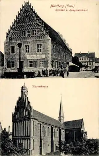 Ak Mühlberg an der Elbe, Rathaus, Sparkasse, Kriegerdenkmal, Klosterkirche