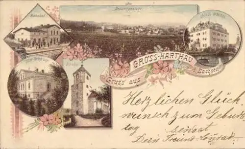 Litho Gross Harthau Sachsen, Prinzl. Schloss, Bahnhof