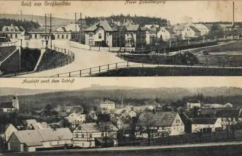 Ak Großharthau in Sachsen, Neuer Bahnübergang, Schloss