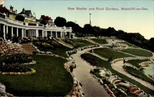 Ak Westcliff on Sea Southend on Sea Essex England, New Shelter und Rock Gardens