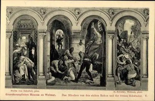 Set von 6 AK Moritz von Schwind, Das Märchen von den sieben Raben und der treuen Schwester, I-VI