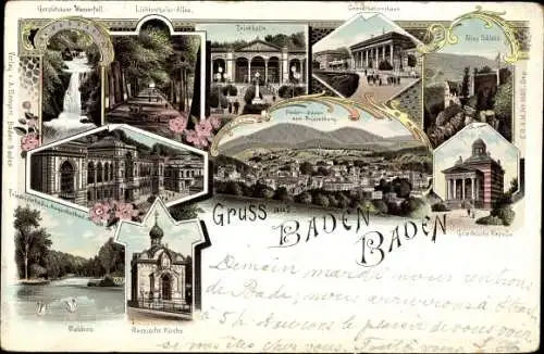 Litho Baden Baden am Schwarzwald, Griechische Kapelle, Trinkhalle, Schloss, Geroldsauer Wasserfall