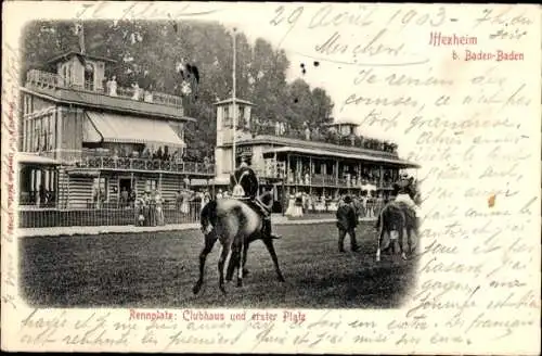 Litho Baden Baden am Schwarzwald, Rennplatz Iffezheim, Klubhaus, erster Platz