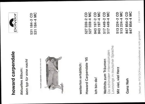 Ak Sänger Howard Carpendale, Portrait, Sofa, Hut, Rosen, Autogramm