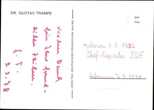 Ak Journalist Dr. Gustav Trampe, Portrait, Autogramm