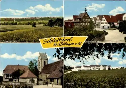 Ak Schlaitdorf im Landkreis Esslingen, Gesamtansicht, Rathaus, Kirche, Siedlung