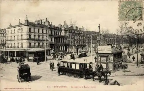 Ak Toulouse Haute Garonne, Carrefour Lafayette, Pferdebahn