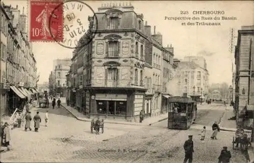 Ak Cherbourg Manche, Rue du Bassin, Rue des Tribunaux