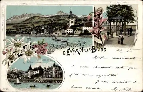 Litho Évian les Bains Haute Savoie, La Source Cachat, Hotel de Paris, Casino, Theater