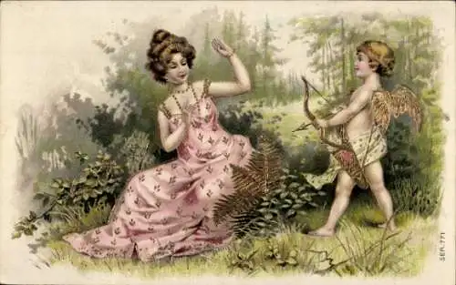 Präge Litho Amor mit Pfeil und Bogen, Frau in rosa Kleid