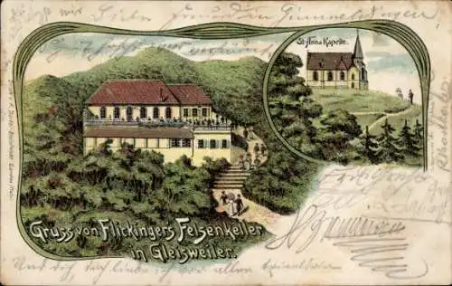 Litho Gleisweiler in der Pfalz, Flickinger's Felsenkeller, St. Anna Kapelle