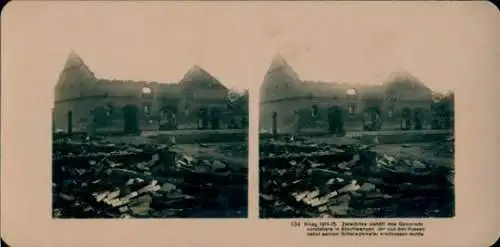 Stereo Foto Tischino Abschwangen Ostpreußen, Massaker 1914, zerstörtes Gehöft des Gemeindevorstehers