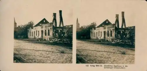 Stereo Foto Tischino Abschwangen Ostpreußen, Krieg 1914-15, zerstörtes Gasthaus, Massaker 1914