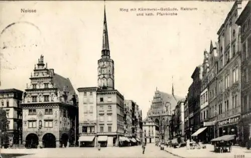 Ak Nysa Neisse Schlesien, Ring, Kämmerei-Gebäude, Ratsturm, kath. Pfarrkirche, Geschäfte