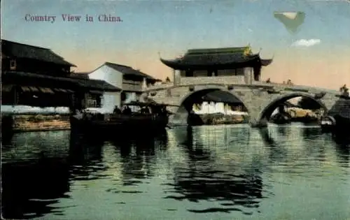 Ak China, Brücke mit Pagodendach