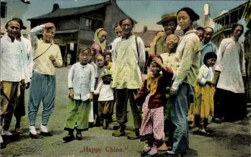 Ak China, fröhliche Bevölkerung, Gruppenbild, Straßenszene