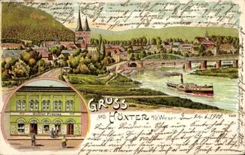 Litho Höxter an der Weser, Totalansicht, Geschäft Gustav Freytag