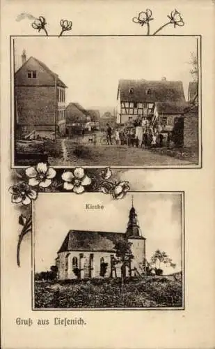 Ak Liesenich im Hunsrück, Kirche, Straßenpartie, Anwohner