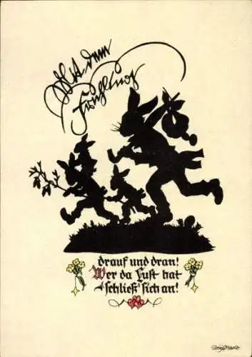 Scherenschnitt Künstler Ak Plischke, G., Glückwunsch Ostern, Osterhasenfamilie