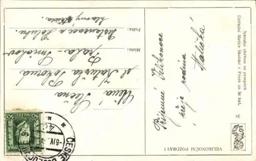 Ak Glückwunsch Ostern, Junge reitet auf einem Hahn, Osterei