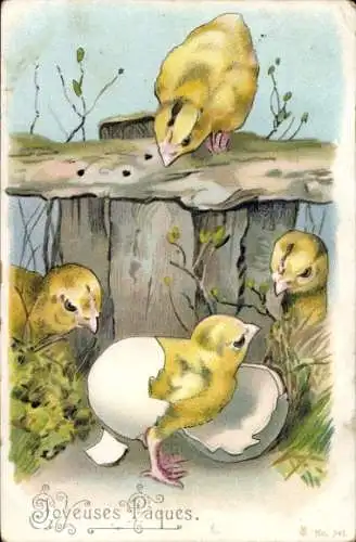 Litho Glückwunsch Ostern, Vier Küken