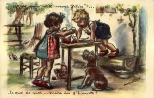 Künstler Ak Bouret, Germaine, Kinder mit einem Topf, Hund