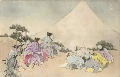 Ak Japan, Bergspitze, Menschen in japanischen Trachten