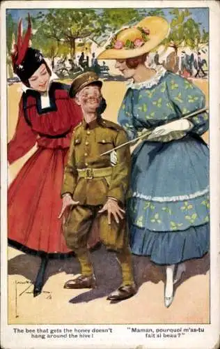 Künstler Ak Wood, L., Glücklicher Soldat, Zwei Frauen, Spaziergang