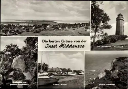 Ak Insel Hiddensee in der Ostsee, Leuchtturm, Dornbusch, Steilküste, Kloster, Hafen, Grabstätte