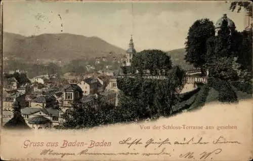 Ak Baden Baden am Schwarzwald, Teilansicht, Blick von der Schloss-Terrasse, Kirchturm