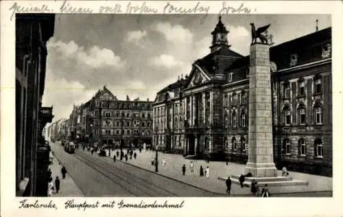 Ak Karlsruhe in Baden, Hauptpost, Grenadierdenkmal