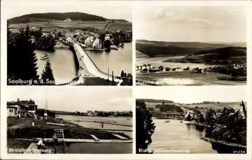 Ak Saalburg in Thüringen, Ausblick v. d. Fürstenhöhe, Strandbad, Saaletalsperre