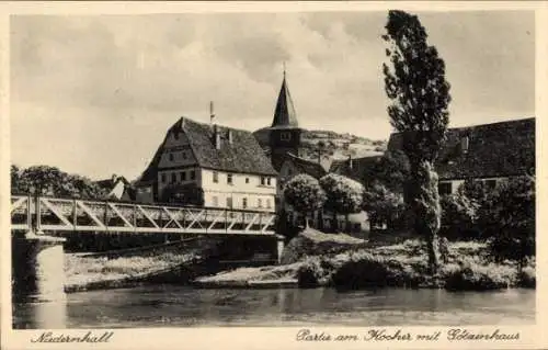 Ak Niedernhall im Hohenlohekreis, Brücke, Kocher, Götzenhaus