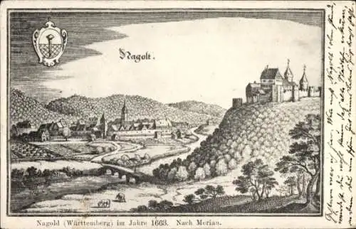 Ak Nagold im Schwarzwald, Wappen, Stadt im Jahr 1663, nach Merian