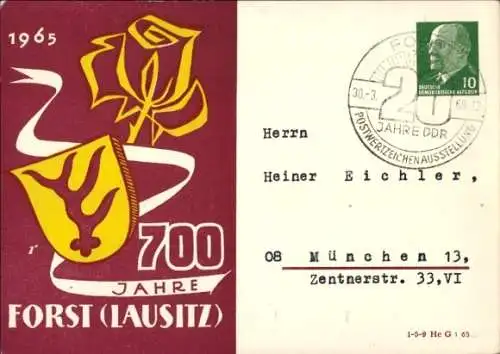 Ganzsachen Ak Forst in der Lausitz, Ulbricht 700 Jahre Forst (Lausitz) 1965, Wappen