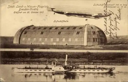 Ak Dresden Kaditz, Städtischer Land und Wasser Flugplatz, Luftschiffhalle, Zeppelin