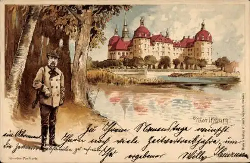 Litho Moritzburg in Sachsen, Jagdschloss, König Albert von Sachsen